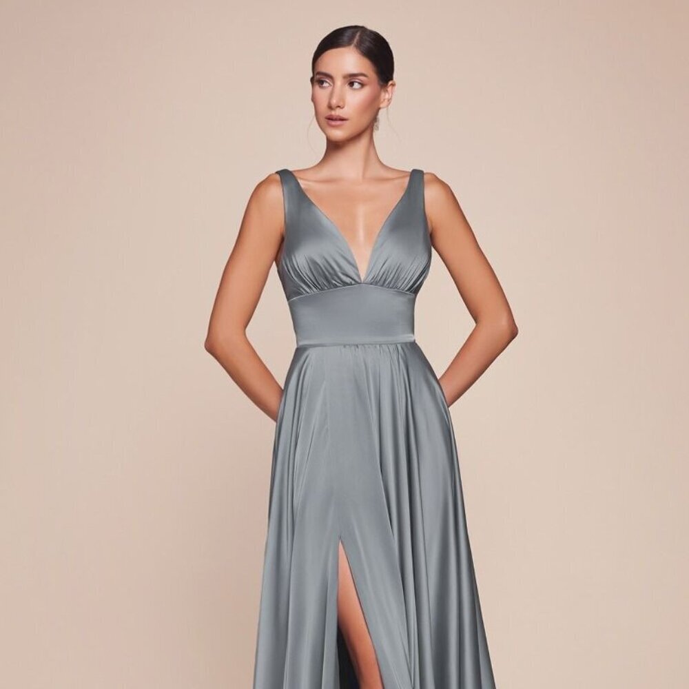 NEW FORMAL A-LINE SLEEVELESS SATIN DRESS W/ V-NECK & EMPIRE WAISTLINE CD 7469